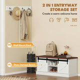 Coat Rack Shoe Bench Set 2-Piece Hall Tree Storage 4 Hooks Sliding Barn Doors White and Dk Walnut