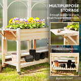 Raised Garden Bed, Wood Planter Box with Lockable Wheels, Side Tables, Bottom Shelf