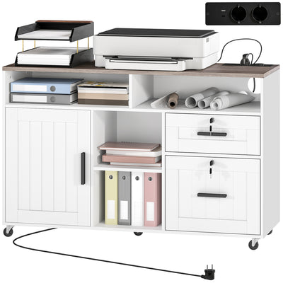 Mobile Printer Stand with Charging Station and USB Ports, Locking Filing Cabinet for A4 and Letter Size