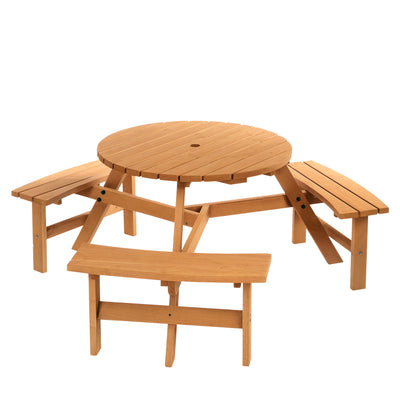 6 Person Round Picnic Table Bench Set with Umbrella Hole, Wood Patio Table with 3 Built-in Benches for Garden