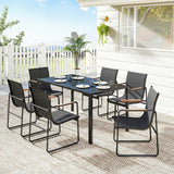 7 Pieces Outdoor Dining Set for 6, Glass Patio Table and Chairs with Decorative Armrests, All Weather Mesh