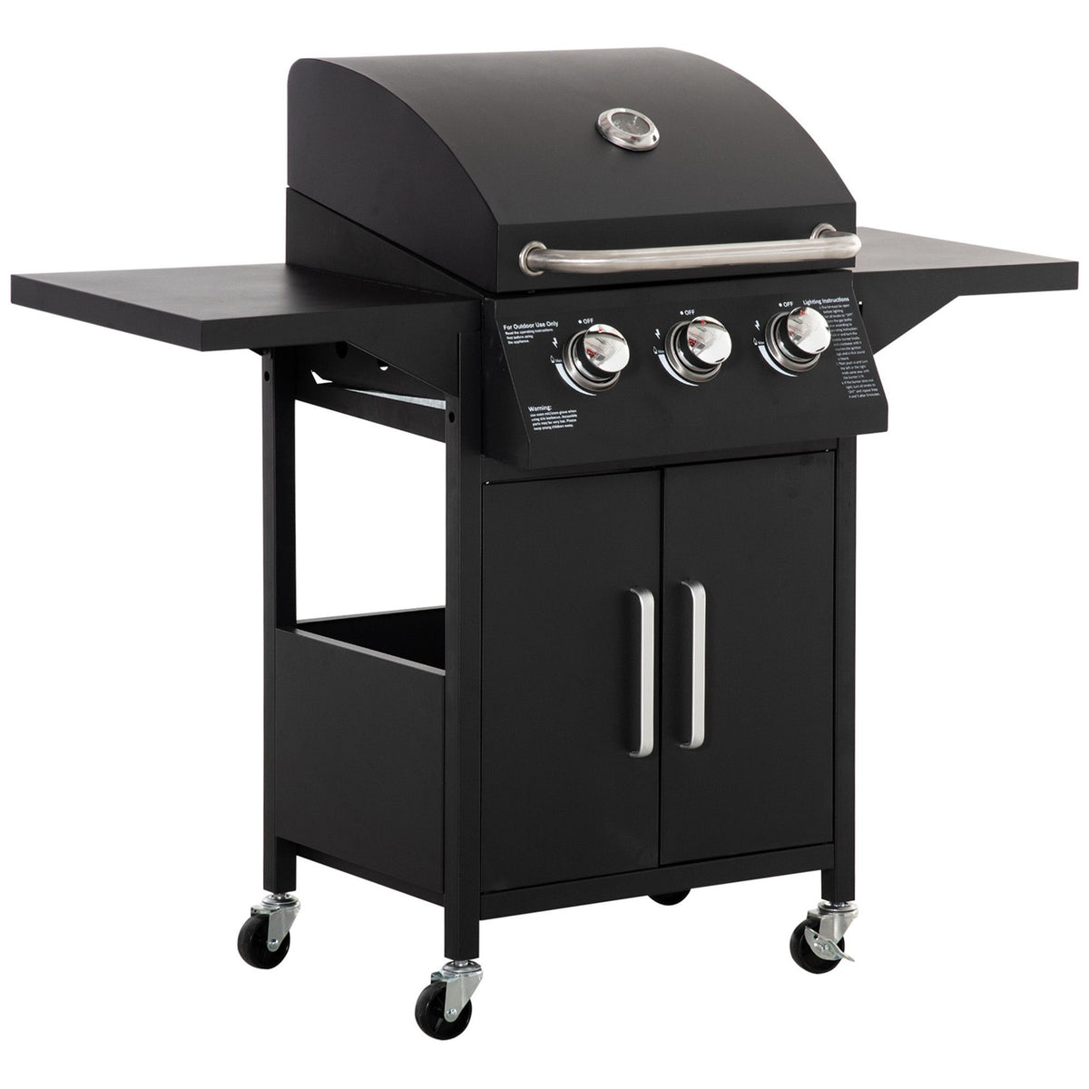 Outdoor 3 Burner Gas Grill Portable Barbecue w/ Wheels, Warming Rack, Shelves, Cabinet
