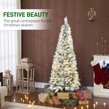 5ft Flocked Christmas Tree with Dual Colour LED Light, Pencil Hinged Xmas Tree with 11 Light Modes