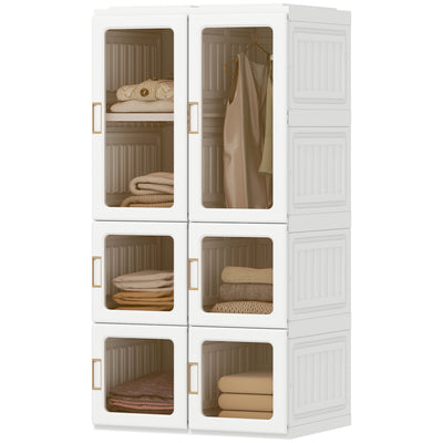 Portable Wardrobe, Foldable Plastic Closet with 5 Compartments, Hanging Rod and Magnetic Doors