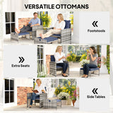 Ensemble mobilier patio 5 pièces, chaises patio rotin avec ottomans, table à café verre 2 étages et coussins