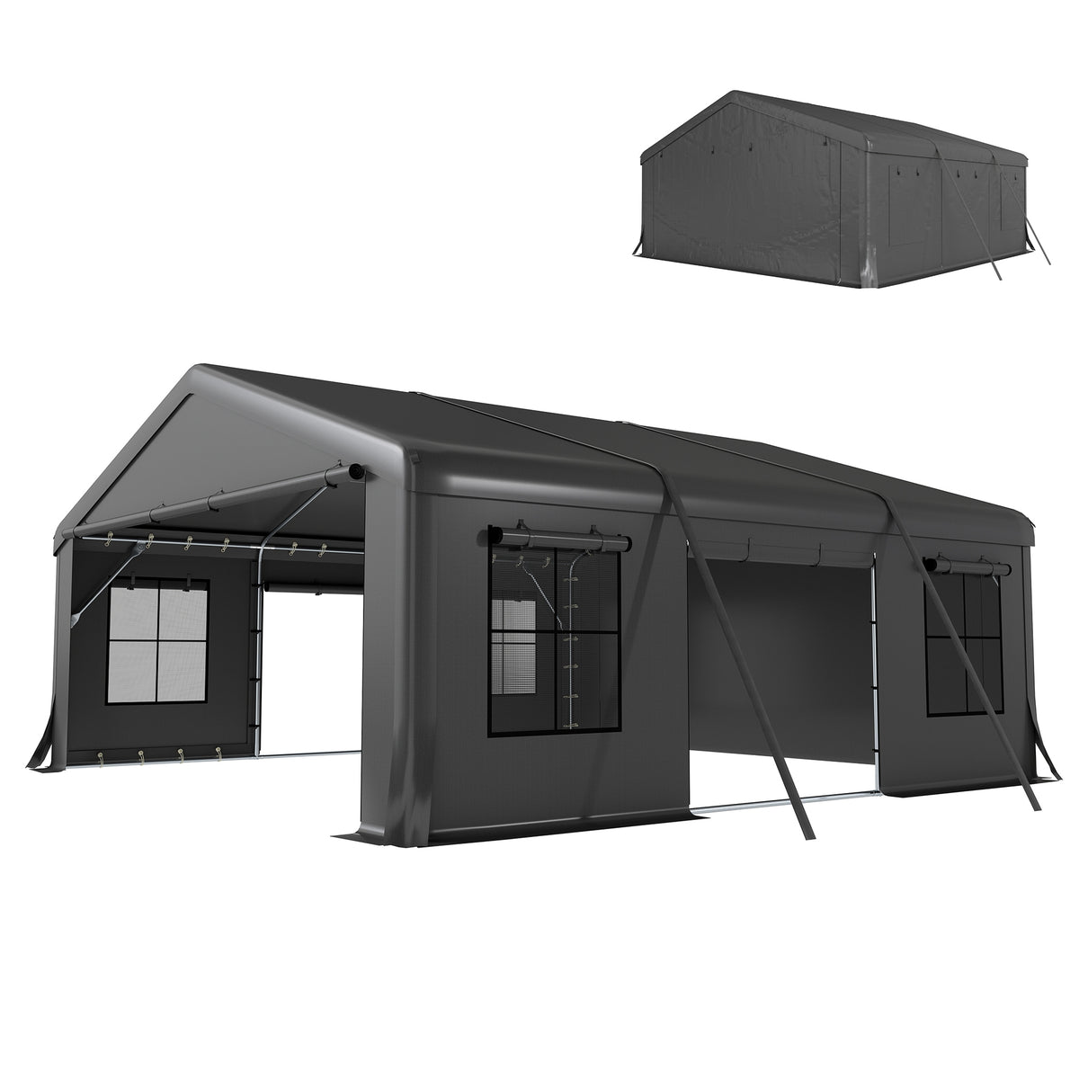 20' x 20' Heavy Duty Carport, Portable Garage Car Canopy Tent Shelter with 3 Roll-up Doors, 4 Windows