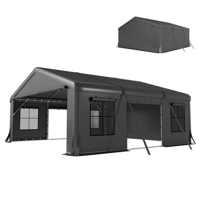 20' x 20' Heavy Duty Carport, Portable Garage Car Canopy Tent Shelter with 3 Roll-up Doors, 4 Windows
