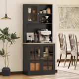 Buffet de cuisine avec huche, garde-manger de rangement avec 3 armoires, 2 étagères ouvertes et grand plan de travail