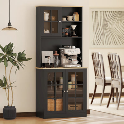 Kitchen Buffet with Hutch, Storage Pantry with 3 Cabinets, 2 Open Shelves and Large Countertop