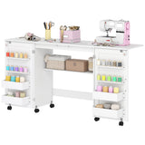 Folding Craft Table, Rolling Sewing Machine Table with Magnetic Doors, Storage Shelf, Lockable Wheels