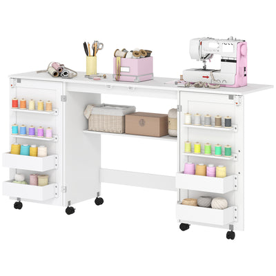 Folding Craft Table, Rolling Sewing Machine Table with Magnetic Doors, Storage Shelf, Lockable Wheels