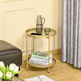 2-Tier Gold Side Table, Round Nightstand with Removable Trays Folding Metal Frame Adjustable Foot End Table for Living Room Bedroom