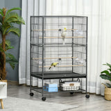 52'' Large Rolling Steel Bird Cage Bird House with Rolling Stand, Storage Shelf, Wood Perch