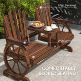Wooden Outdoor Loveseat, Wagon Wheel Outdoor Bench with Table