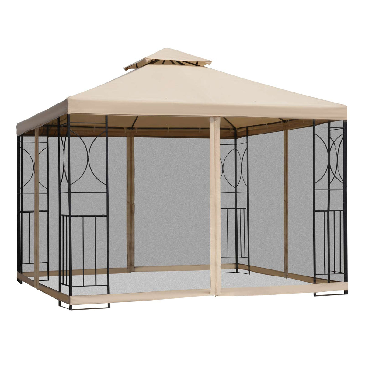 10x10ft Patio Gazebo, Yard Sun Shade Steel Frame w/ Mosquito Netting and Storage Tray