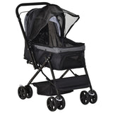 Foldable Cat Dog Travel Carriage, 4 Wheels Pet Stroller with EVA Wheel Brake, 3-stage Canopy, Mesh Window Door