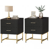 2 Pieces Nightstands with Storage, Modern Bedside Tables with 2 Fluted Drawers and Gold Legs for Bedroom