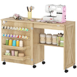 Table de machine à coudre sur roulettes, table de bricolage pliante avec 2 bacs, étagère de rangement, 18 chevilles, roulettes verrouillables