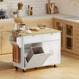 Kitchen Island Cart with Charging Station and Drop Leaf, Kitchen Island Table on Wheels with Trash Can Cabinet