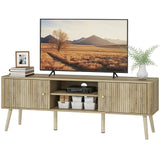 Meuble télé pour téléviseur 65 po, centre de divertissement avec étagères ajustables et pieds en bois de pin pour salon