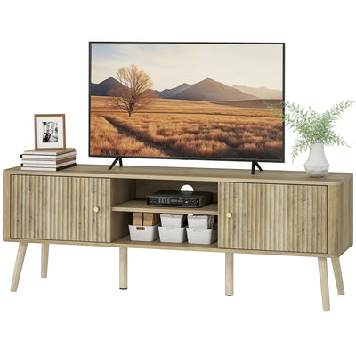 Meuble télé pour téléviseur 65 po, centre de divertissement avec étagères ajustables et pieds en bois de pin pour salon