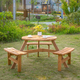 Ensemble table de pique-nique ronde 6 personnes avec bancs et trou pour parasol, Table de patio en bois avec 3 bancs intégrés pour jardin