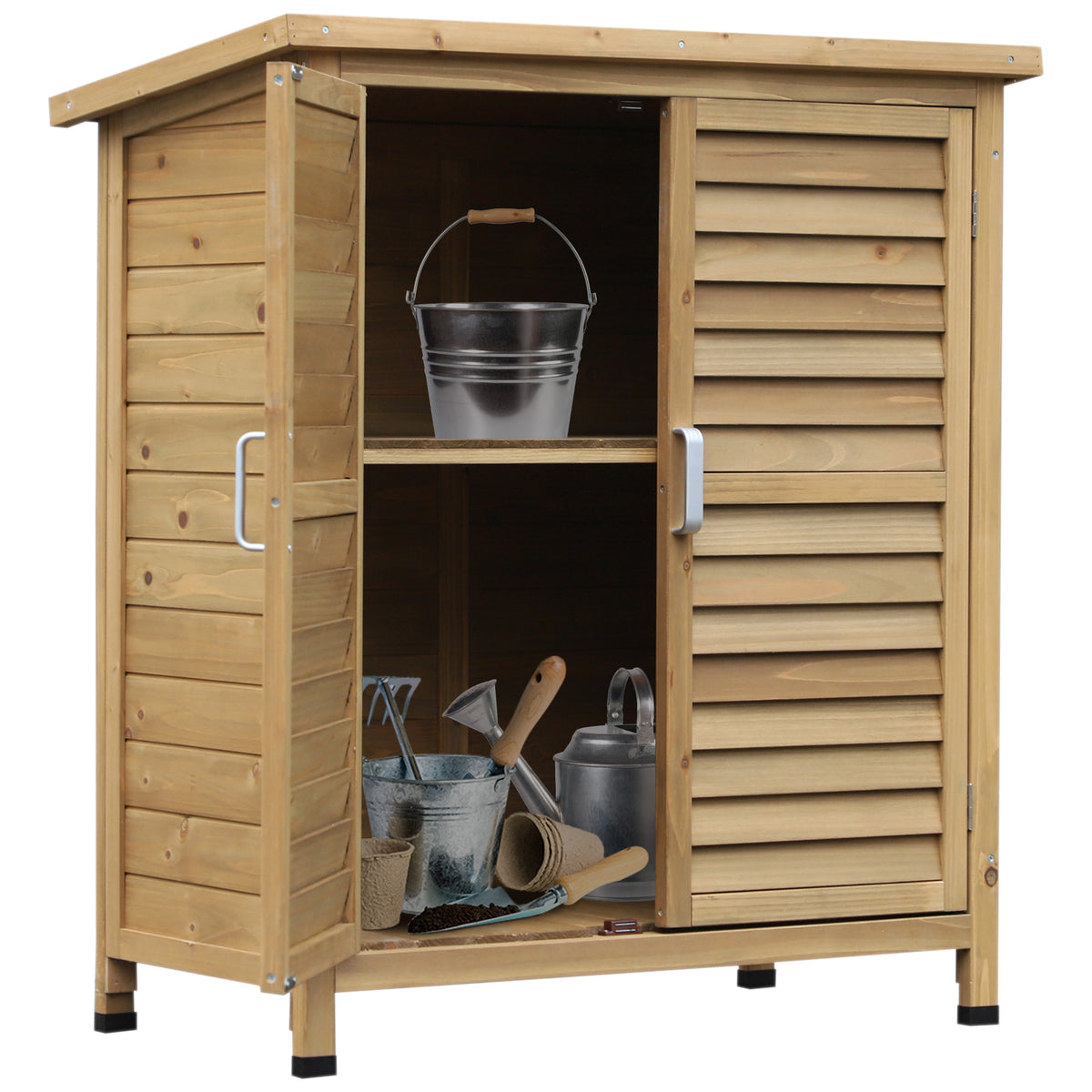 Wooden Garden Storage Shed Kit Wood Garage Tool Organisation Cabinet with 2 Door, 34