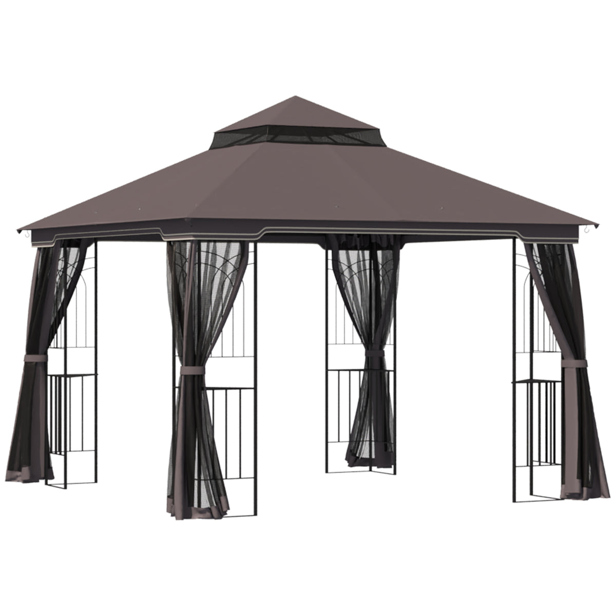 10'x10' Soft-top Patio Gazebo with Double Tier Roof, Mesh Curtains, Display Shelves