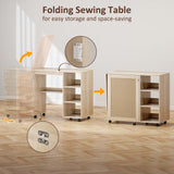 Table de machine à coudre avec plateau abattant, table de bricolage pliante avec portes en rotin et étagères de rangement pour petits espaces
