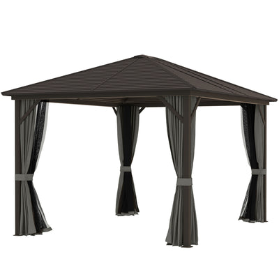 10' x 12' Deluxe Hardtop Gazebo with Metal Roof, Aluminum Frame Patio Gazebo Garden Sun Shelter Outdoor Pavilion with Curtains and Netting