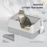 Bac à litière pour chat en acier inoxydable avec couvercle et pelle, haut rebord