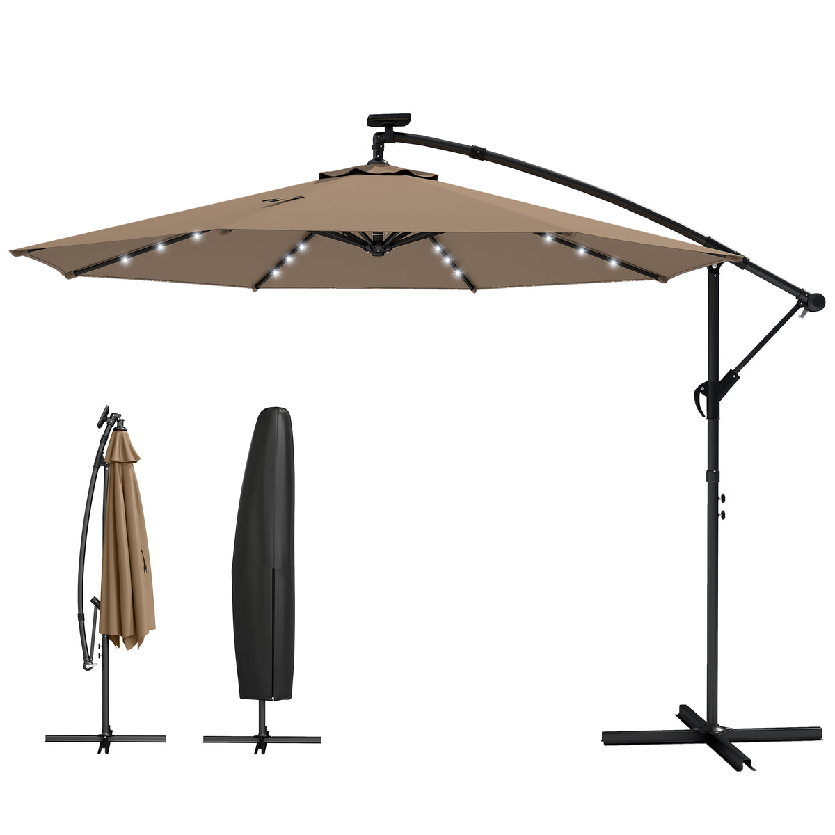 9.7 ft Cantilever Patio Umbrella with Solar Light, Garden Hanging Parasol with Cover, Tilt