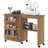 Armoire à machine à coudre, table de couture pliante avec étagère de rangement, bacs et roues verrouillables pour petit espace