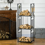 3-Tier Firewood Rack Heavy Duty Wood Storage Log Stacking Shelf with Hanging Hooks