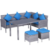 5 Pieces Wicker Patio Conversation Dining Furniture Set with Cushions, Table and Ottomans