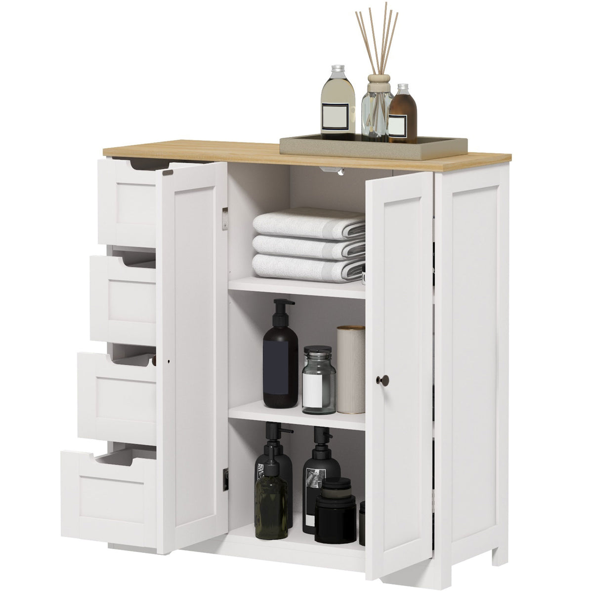 Freestanding Bathroom Floor Cabinet, Modern Bathroom Cabinet with Adjustable Shelf, 4 Drawers and 2 Doors