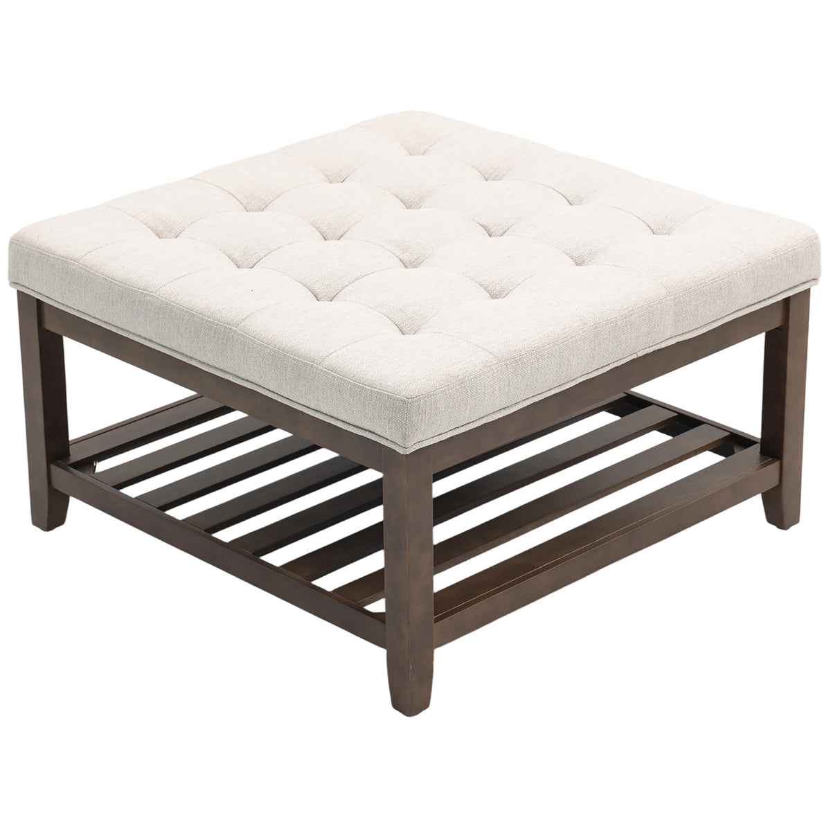 Ottoman Coffee Table, 32 Inch Square Footrest Ottoman with Storage, Linen Upholstered Tufted Footstool