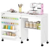 Table de machine à coudre sur roulettes, table de bricolage pliante avec 2 bacs, étagère de rangement, 18 chevilles, roulettes verrouillables