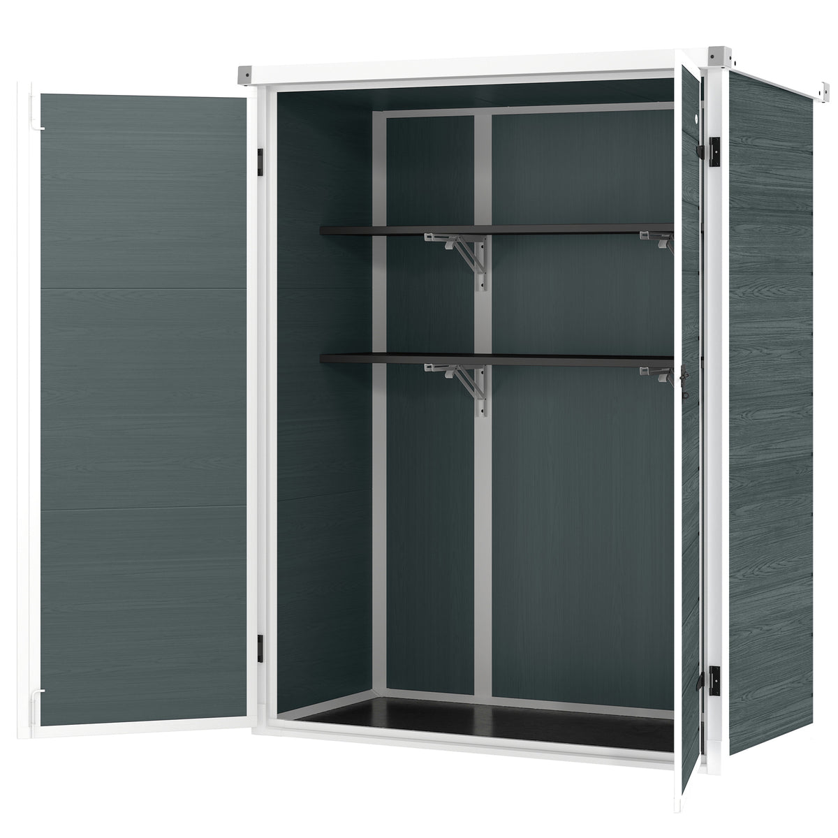 Outdoor 4.4' x 2.3' Plastic Storage Shed with Lockable Doors and Foldable Shelves, Wood-Effect Garden Shed