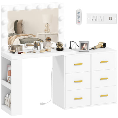 Vanity Desk with Mirror and 12 LED Lights, Makeup Table w/ Power Outlet, 3 Light Colour, 6 Drawers and 2 Shelves
