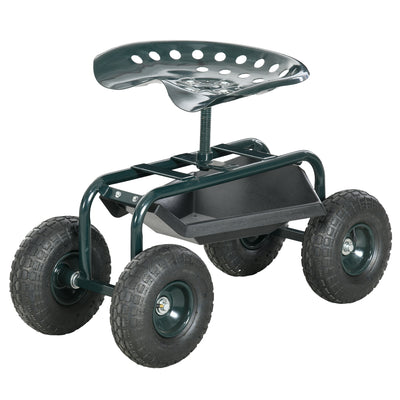 Garden Cart Garden Seat on Wheels with Tool Tray, 360° Swivel and Height Adjustable Seat