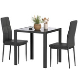 Ensemble de cuisine rectangulaire 3 pièces avec table en verre et chaises avec cadre en métal et rembourrage en similicuir pour salle à manger