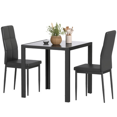 Ensemble de cuisine rectangulaire 3 pièces avec table en verre et chaises avec cadre en métal et rembourrage en similicuir pour salle à manger