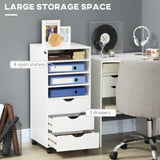 Meuble de rangement vertical, Caisson de classement mobile à roulettes avec 3 tiroirs et 4 étagères ouvertes, Support d'imprimante avec roulettes verrouillables pour bureau à domicile