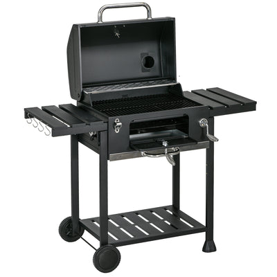 Charcoal BBQ Grill Smoker with Adjustable Charcoal Pan and Galvanised Steel Shell, Barbecue Grill Trolley with Storage