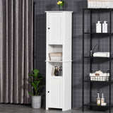 Armoire de salle de bain haute, meuble de rangement autonome avec étagères et 2 placards